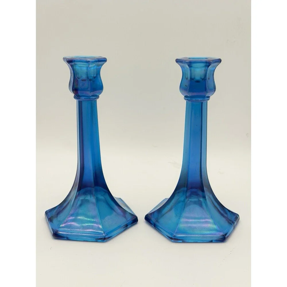 Fenton Florentine Celeste Blue Iridescent Carnival Art Glass Candle Sticks